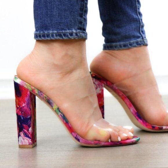 Clear Strappy Chunky High Heel Slider Sandal - Picture 2 of 8